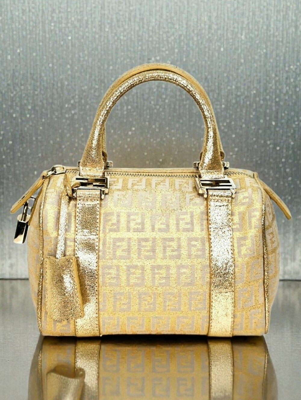 Fendi Metallic Gold Zucchino Canvas Mini Boston Top Handle Bag